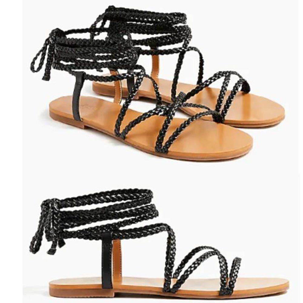 J Crew Women's Braided Lace-up Sandals Flat Strappy Beach Black Size 7 $99